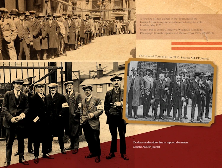 Images on this panel: 
Top: A long line of men gathers in the courtyard of the
Foreign Office to register as volunteers during the strike. London, May 1926
Source: Public domain. Image via Wikimedia Commons.Photograph from the Spaarnestad Photo archive (SFA022820542)
Centre-right: The General Council of the TUC. Source: ASLEF Journal
Bottom: Dockers on the picket line to support the miners.Source: ASLEF Journal